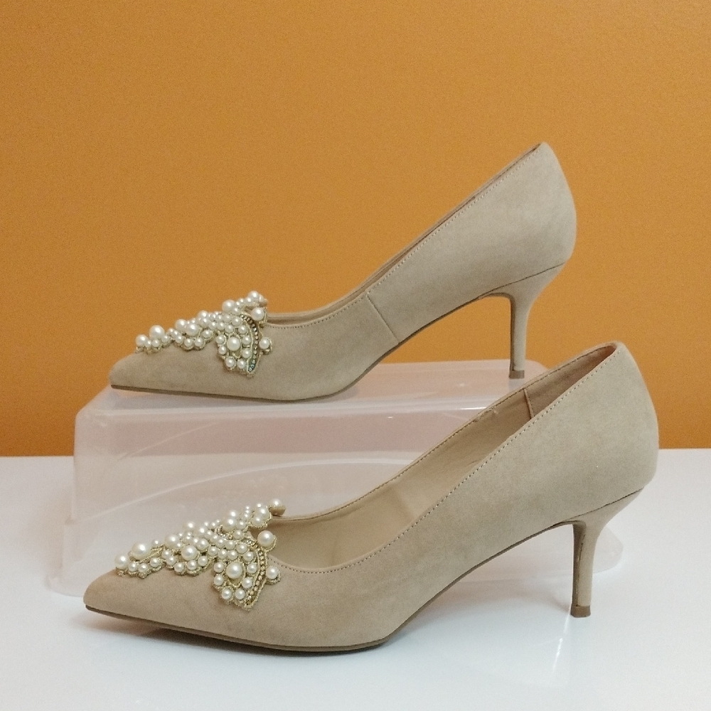 Cato Beige Nude Pearl Embellished Pointed Toe Kitten Heel Pumps Size 11W